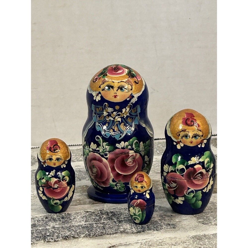Russian MATRYOSHKA Nesting Dolls 4 Piece Set Hand Painted Navy Pink Flowers 4”